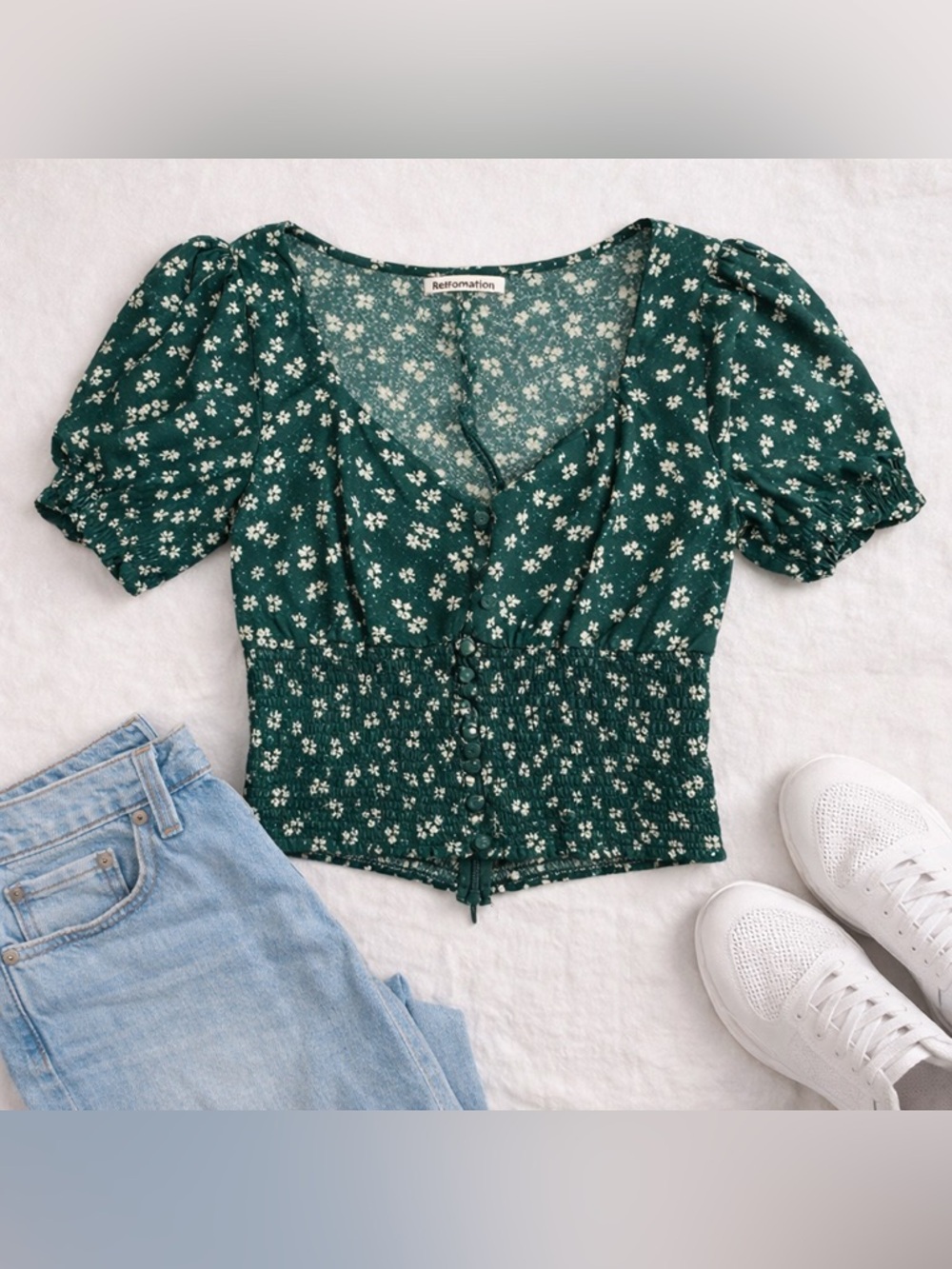 Reformation Floral Print V-Neck Crop Top Green Puff Sleeve Size M